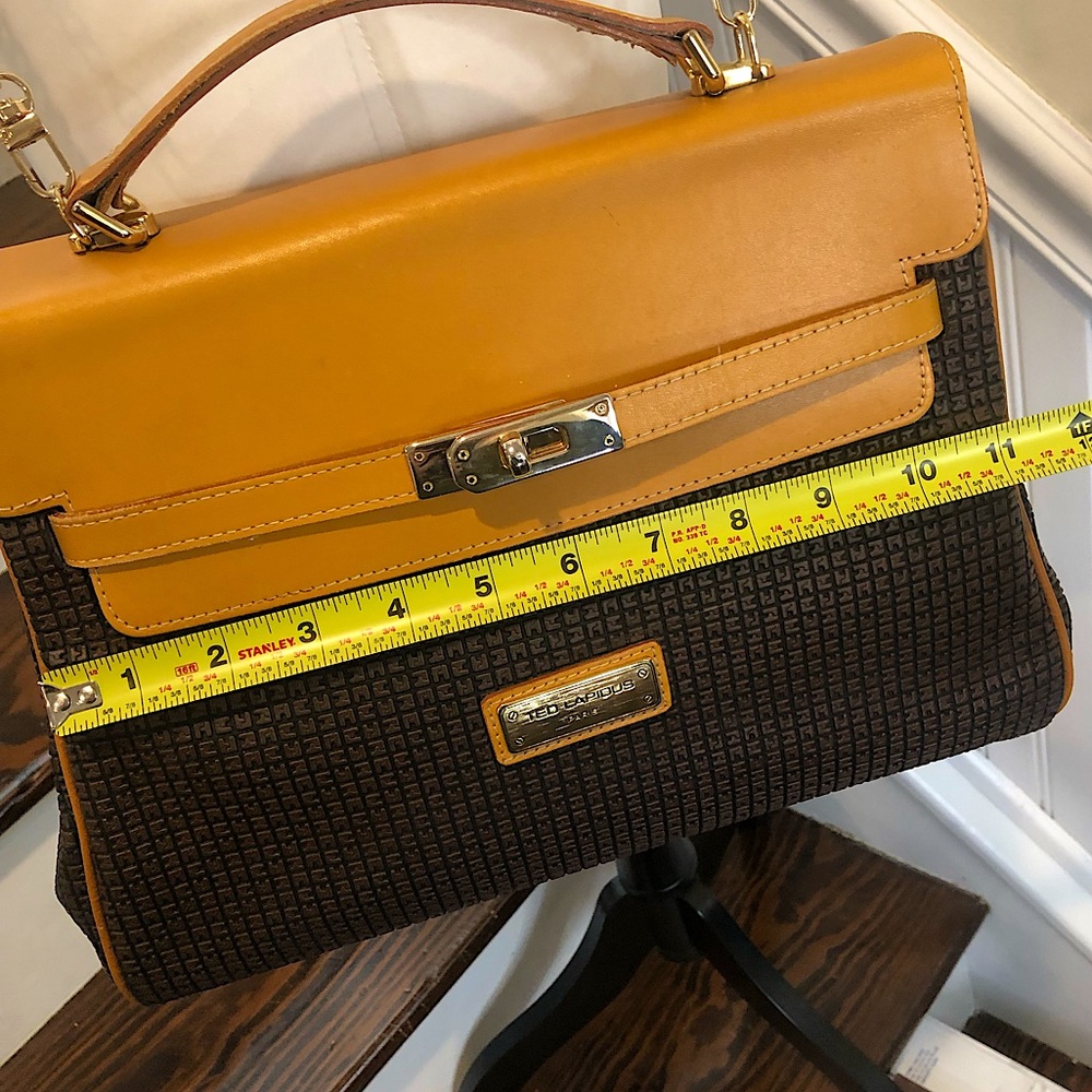 TED LAPIDUS Caramel Leather Top Handle & Monogram Logo Vinyl Crossbody Satchel - Picture 11 of 16